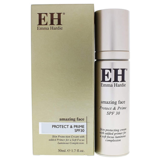 Emma Hardie Amazing Face Protect & Prime SPF30 moisturizer in 1.7oz tube, with a smooth, protective facial cream appearance.