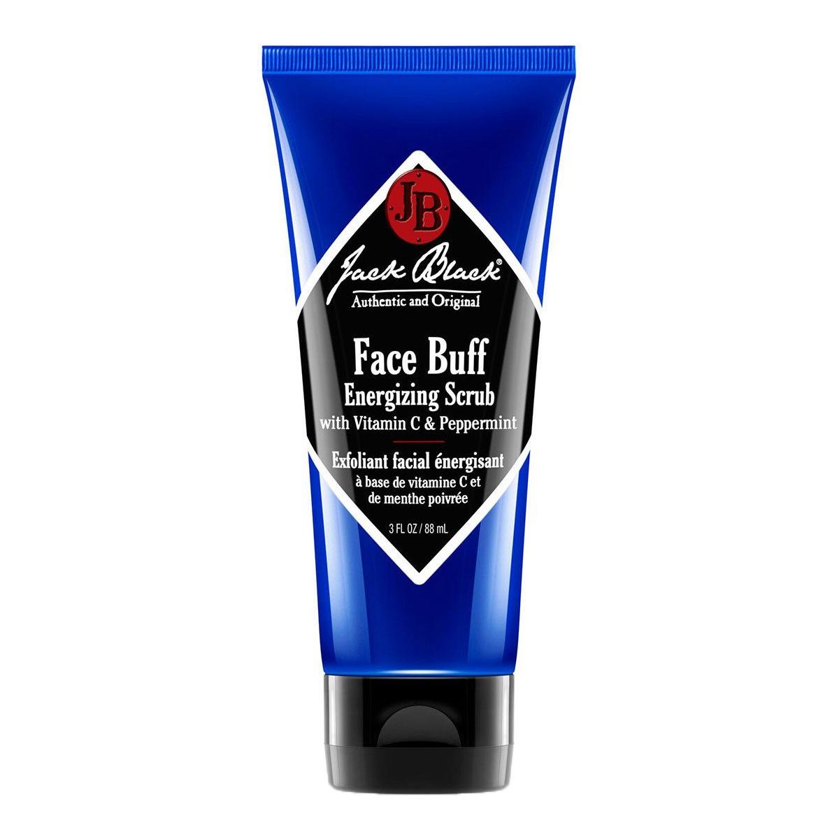 Jack Black Face Buff Energizing Scrub in a 3 oz tube, featuring natural exfoliants and a refreshing, energizing formula for clean skin.