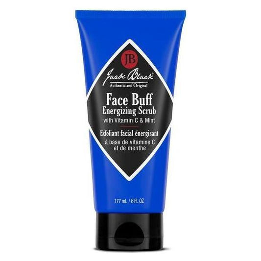 Jack Black Face Buff energizing scrub with Vitamin C and menthol, in a 177ml tube, designed for refreshing facial cleansing.