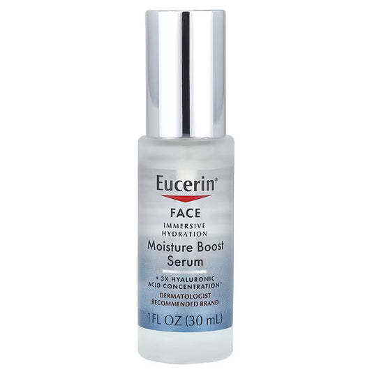 Eucerin Immersive Hydration Moisture Boost Face Serum in 1 oz bottle, hydrating skincare product from Pasteur Pharmacy.