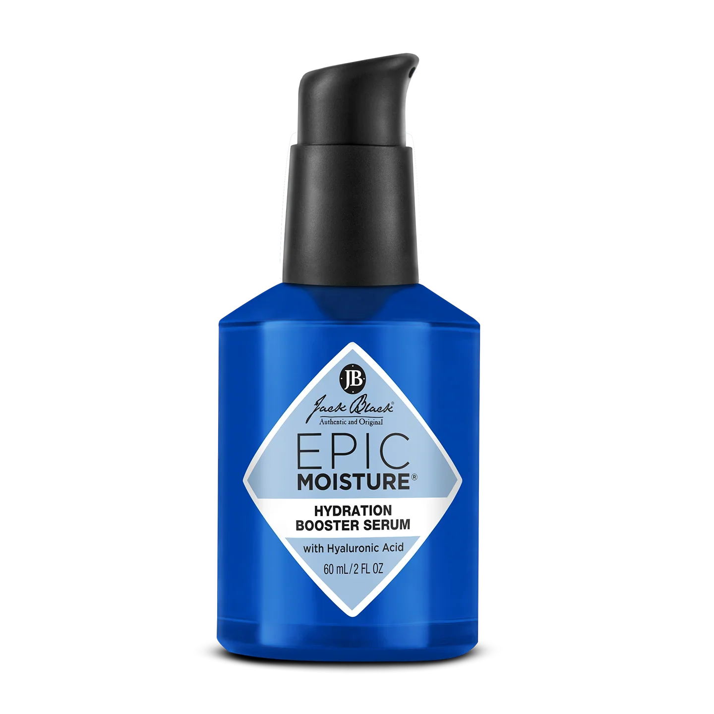 Jack Black Epic Moisture Hydration Booster Serum in a 2 oz bottle, facial skincare product with clear packaging and pump dispenser.