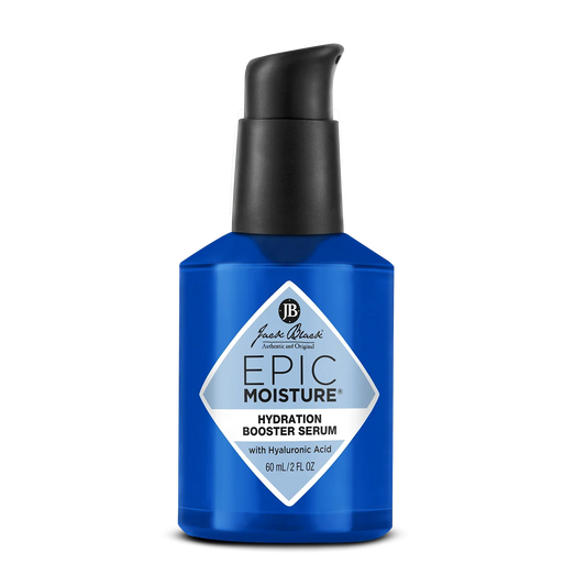 Jack Black Epic Moisture Hydration Booster Serum in a 2 oz bottle, facial skincare product with clear packaging and pump dispenser.