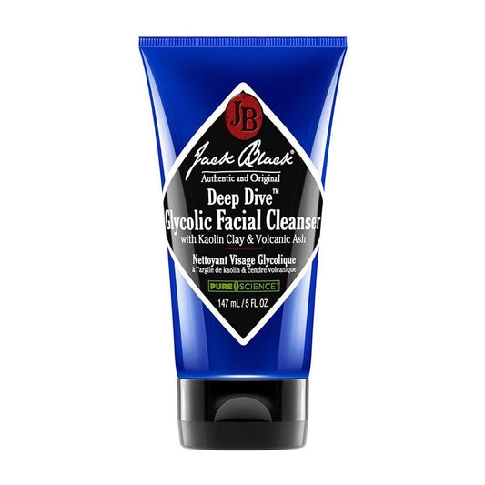 Jack Black Deep Dive Glycolic Facial Cleanser in 5 fl oz bottle, natural skincare product with clear liquid and pump dispenser.