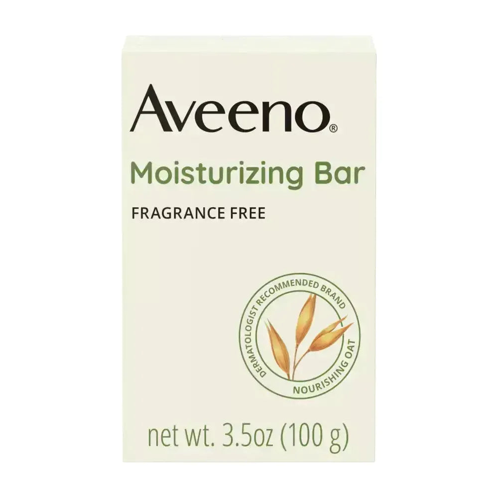 Fragrance-free Aveeno Active Naturals moisturizing bar in a 3.5 oz package, designed for gentle facial cleansing.