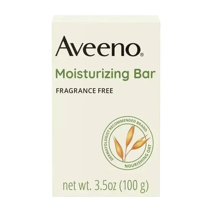 Fragrance-free Aveeno Active Naturals moisturizing bar in a 3.5 oz package, designed for gentle facial cleansing.