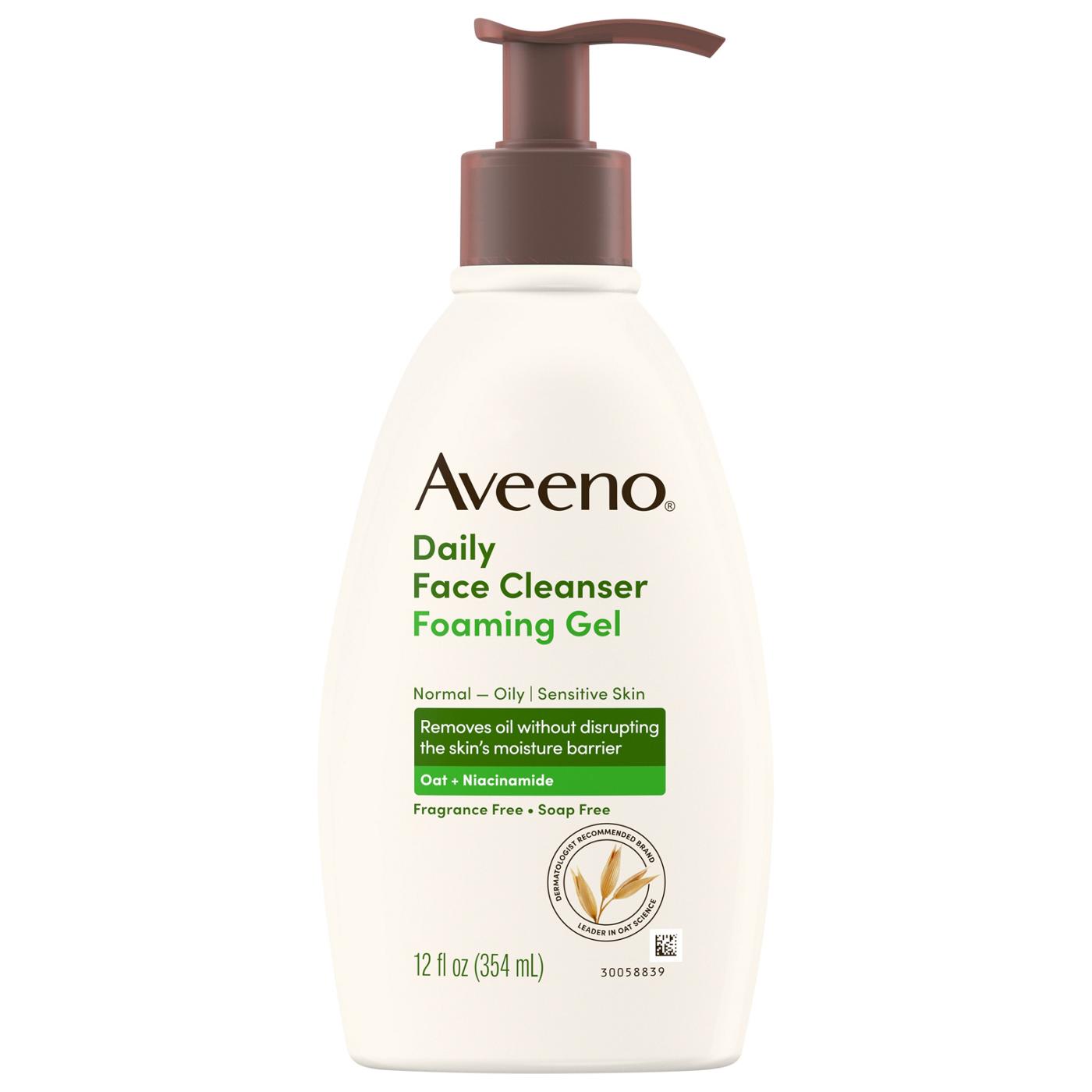 Aveeno Daily Moisturizing Foaming Gel for normal to oily sensitive skin, 12 oz, gentle facial cleanser in a white pump bottle