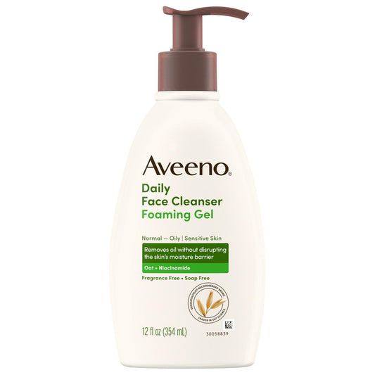 Aveeno Daily Moisturizing Foaming Gel for normal to oily sensitive skin, 12 oz, gentle facial cleanser in a white pump bottle