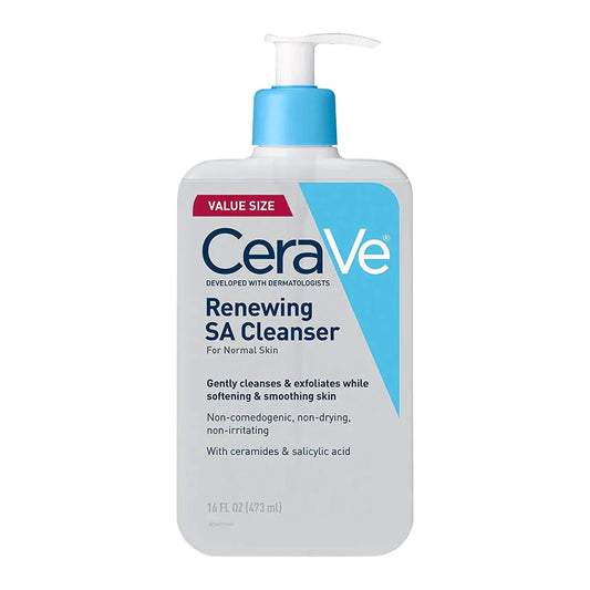 CeraVe Renewing SA Cleanser for rough, bumpy skin in a 16 oz bottle, gentle facial cleanser from Pasteur Pharmacy.