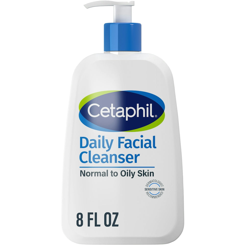 Cetaphil Daily Sensitive Facial Cleanser in 8 oz bottle, gentle skincare product for sensitive skin, displayed on a clean surface.