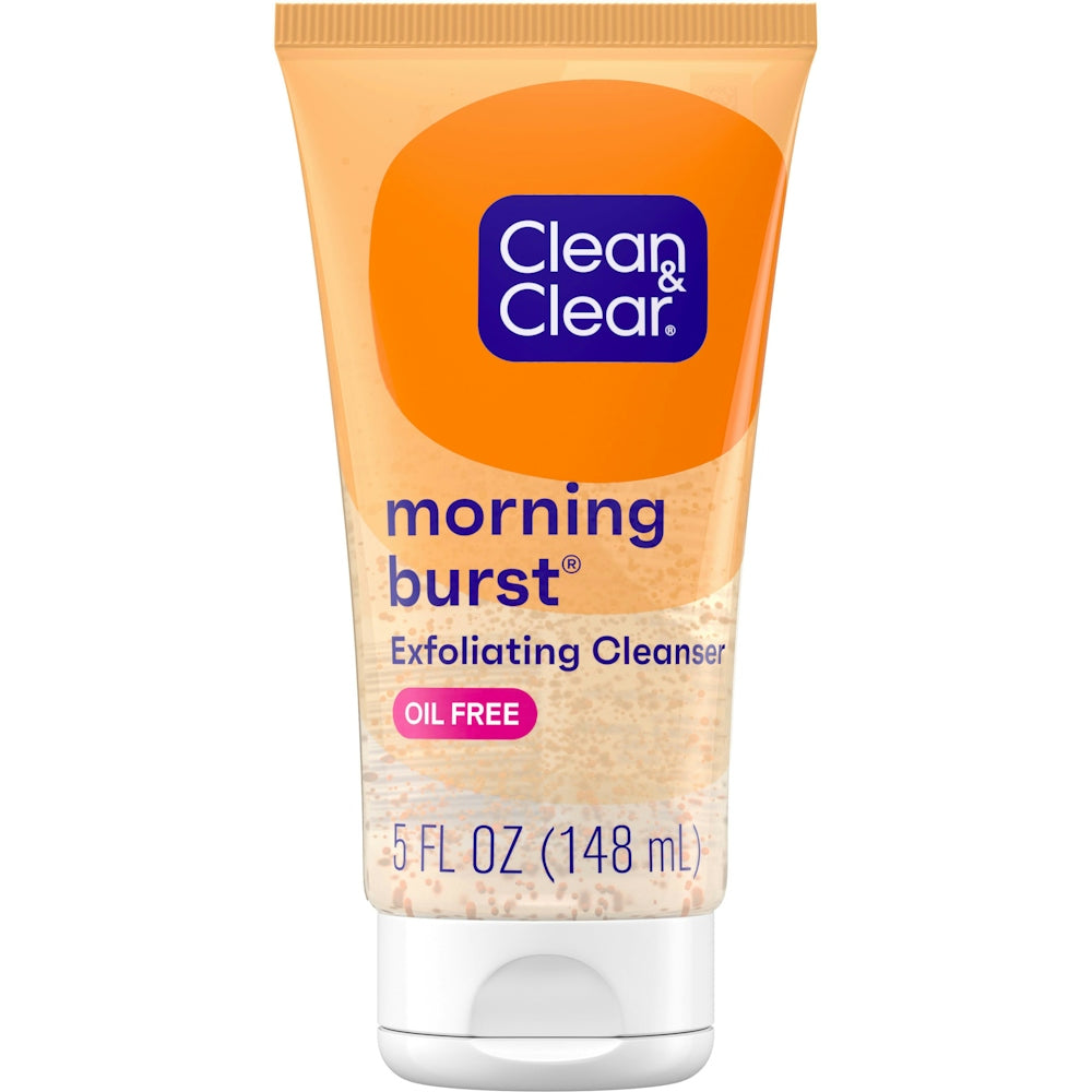 Clean & Clear Morning Burst exfoliating facial cleanser in 5 fl oz bottle, featuring bright citrus and refreshing gel formula.