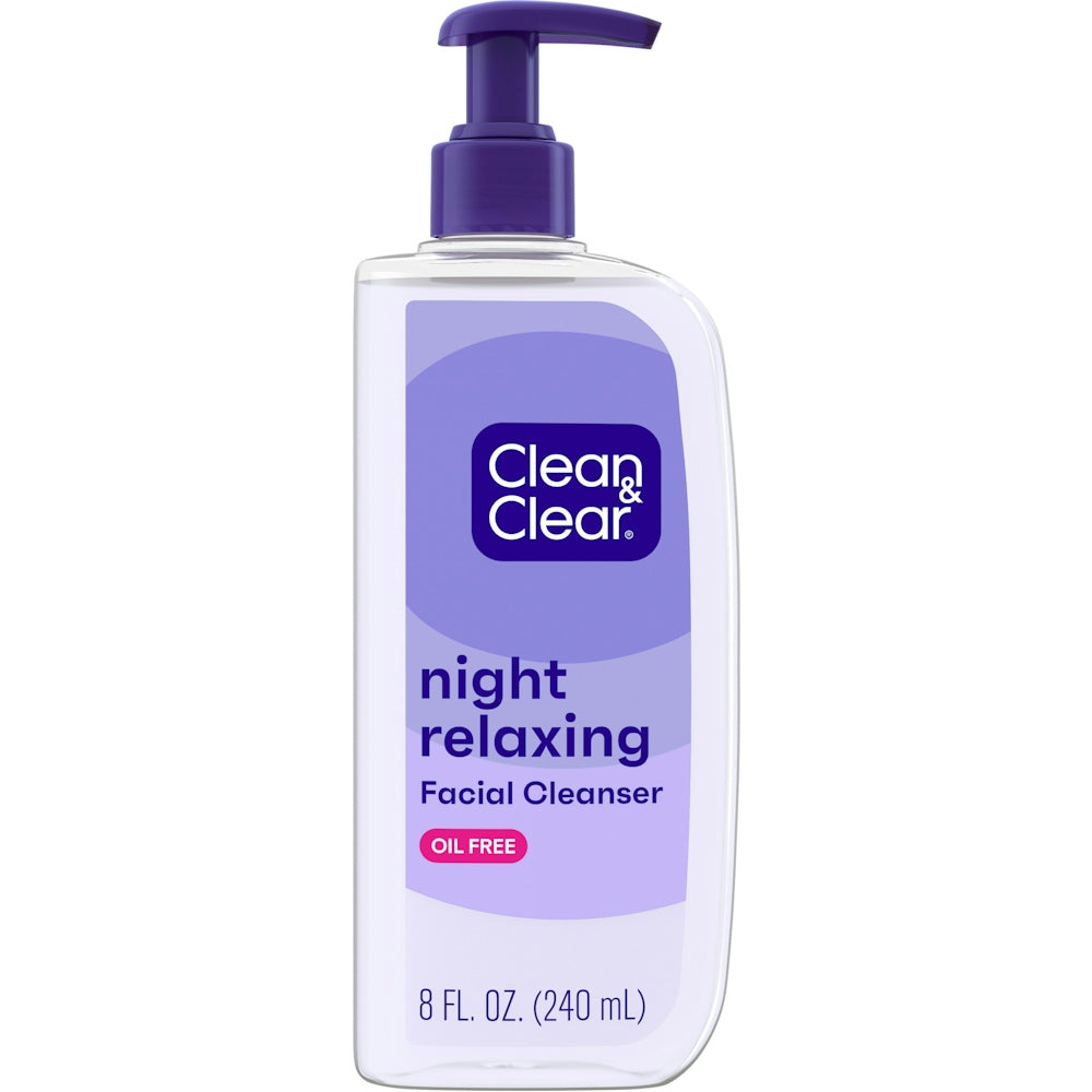Clean & Clear Night Relaxing Deep Cleaning Face Wash by Pasteur Pharmacy, oil-free, 8 fl oz, showcases the facial cleanser bottle.