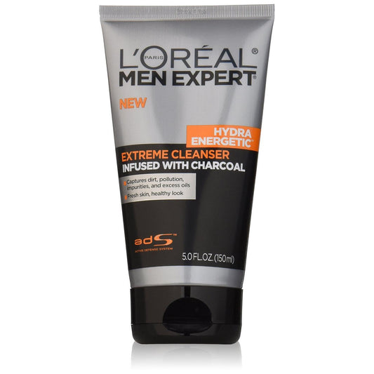 L'Oréal Men Expert Hydra Energetic Facial Cleanser with charcoal, 5 fl oz, for daily face washing, in a clear bottle.