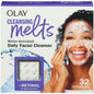 Olay Cleansing Melts Facial Cleanser with Retinol 3-in-1 Pads, 32 count, in a clear jar with white and pink pads inside.