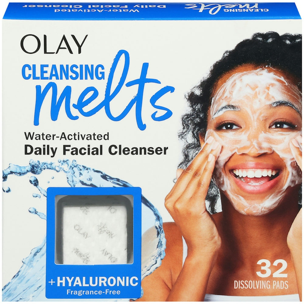 Olay Water-Activated Facial Cleansing Melts with Hyaluronic acid, a gentle facial cleanser in a jar with a pink lid and cleansing balm texture.