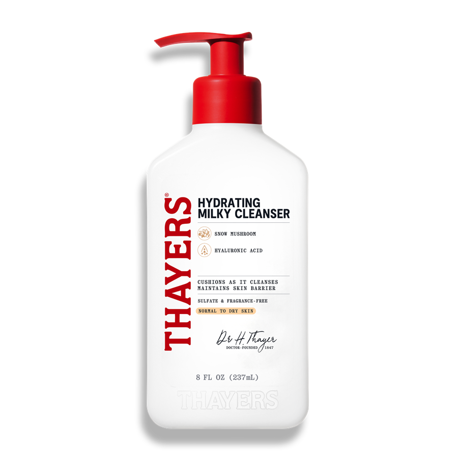 Thayer's fragrance-free hydrating milky facial cleanser in an 8oz bottle, gentle and moisturizing for sensitive skin.