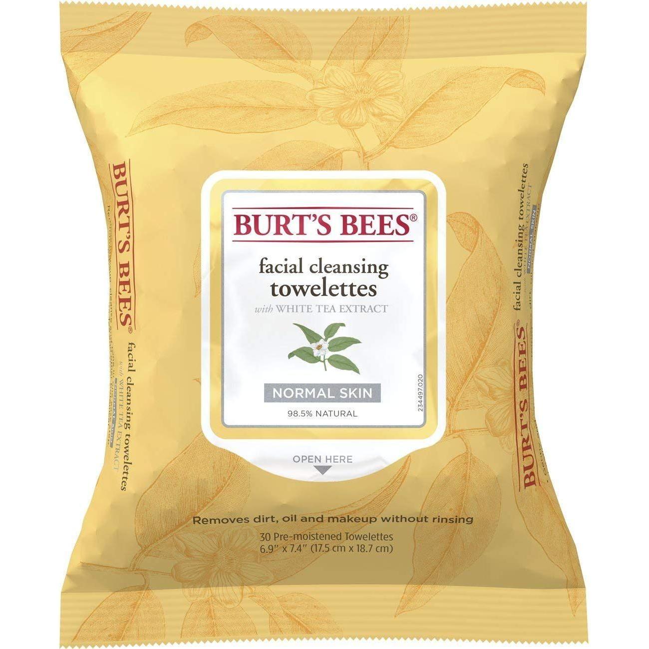 Burt's Bees Facial Cleansing Towelettes with White Tea Extract in a 2-pack, gentle facial wipes for cleansing and refreshing skin.