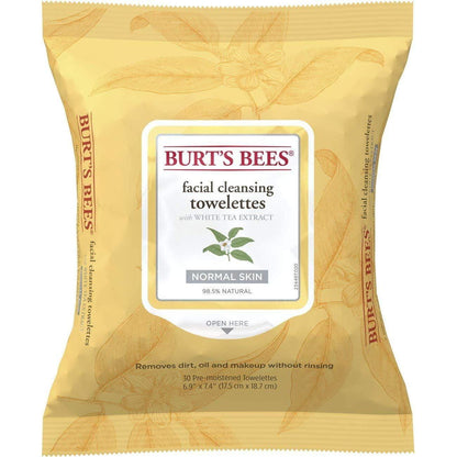 Burt's Bees Facial Cleansing Towelettes with White Tea Extract in a 2-pack, gentle facial wipes for cleansing and refreshing skin.