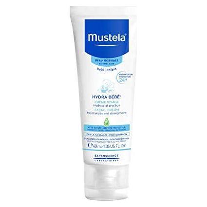 Mustela Hydra Bebe Facial Cream in 1.35 oz jar, gentle moisturizer for babies' skin, displayed in a natural setting