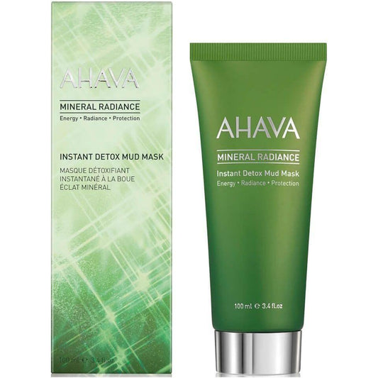 Ahava Mineral Radiance Instant Detox Mud Mask in a 3.4 oz jar, designed for facial skincare and deep cleansing.
