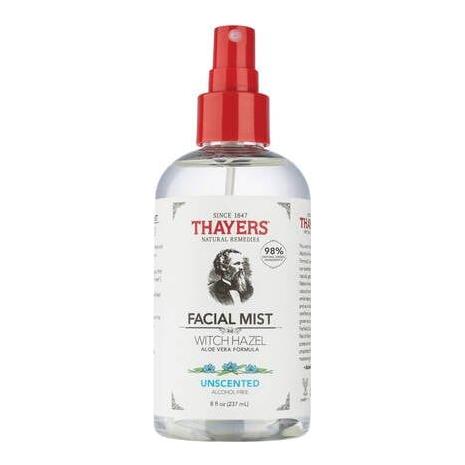 Pasteur Pharmacy Thayers Facial Mist with unscented witch hazel in an 8 oz spray bottle, soothing and hydrating skin.