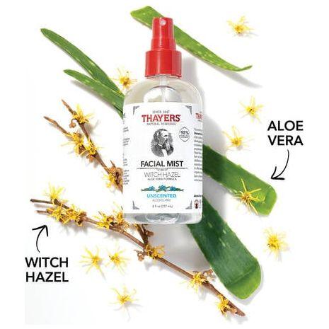 Unscented Thayers Facial Mist with witch hazel in an 8 oz spray bottle, designed for soothing and refreshing skin.