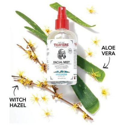 Unscented Thayers Facial Mist with witch hazel in an 8 oz spray bottle, designed for soothing and refreshing skin.