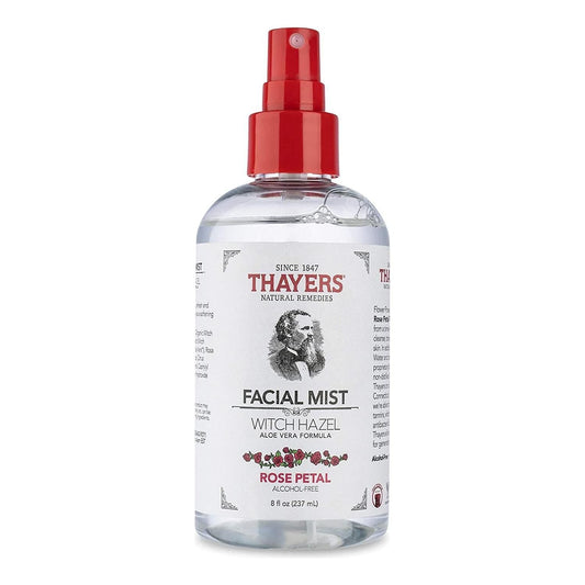 Thayers Rose Petal Witch Hazel Facial Mist Toner in 8 oz bottle, natural skincare product with rose petal and witch hazel ingredients.