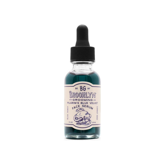 Brooklyn Grooming Pilgrim's Facial Serum in 15ml bottle, natural skincare product with clear glass container and label.