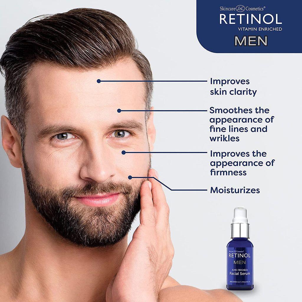 Pasteur Pharmacy Retinol Men Anti-Wrinkle Facial Serum displayed in a clear glass bottle with a dropper applicator.