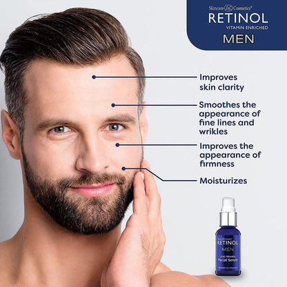 Pasteur Pharmacy Retinol Men Anti-Wrinkle Facial Serum displayed in a clear glass bottle with a dropper applicator.