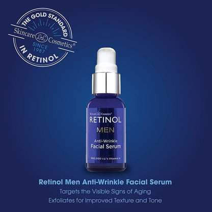Retinol Men Anti-Wrinkle Facial Serum by Pasteur Pharmacy, close-up of the serum bottle with a sleek design.
