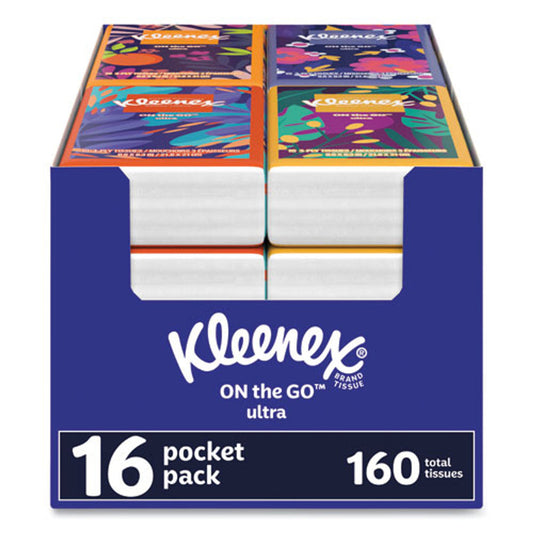 Kleenex On The Go Packs facial tissues, 3-ply white tissue boxes from Pasteur Pharmacy, with 16 packs of 10 tissues each.