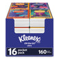 Kleenex On The Go Packs facial tissues, 3-ply white tissue boxes from Pasteur Pharmacy, with 16 packs of 10 tissues each.