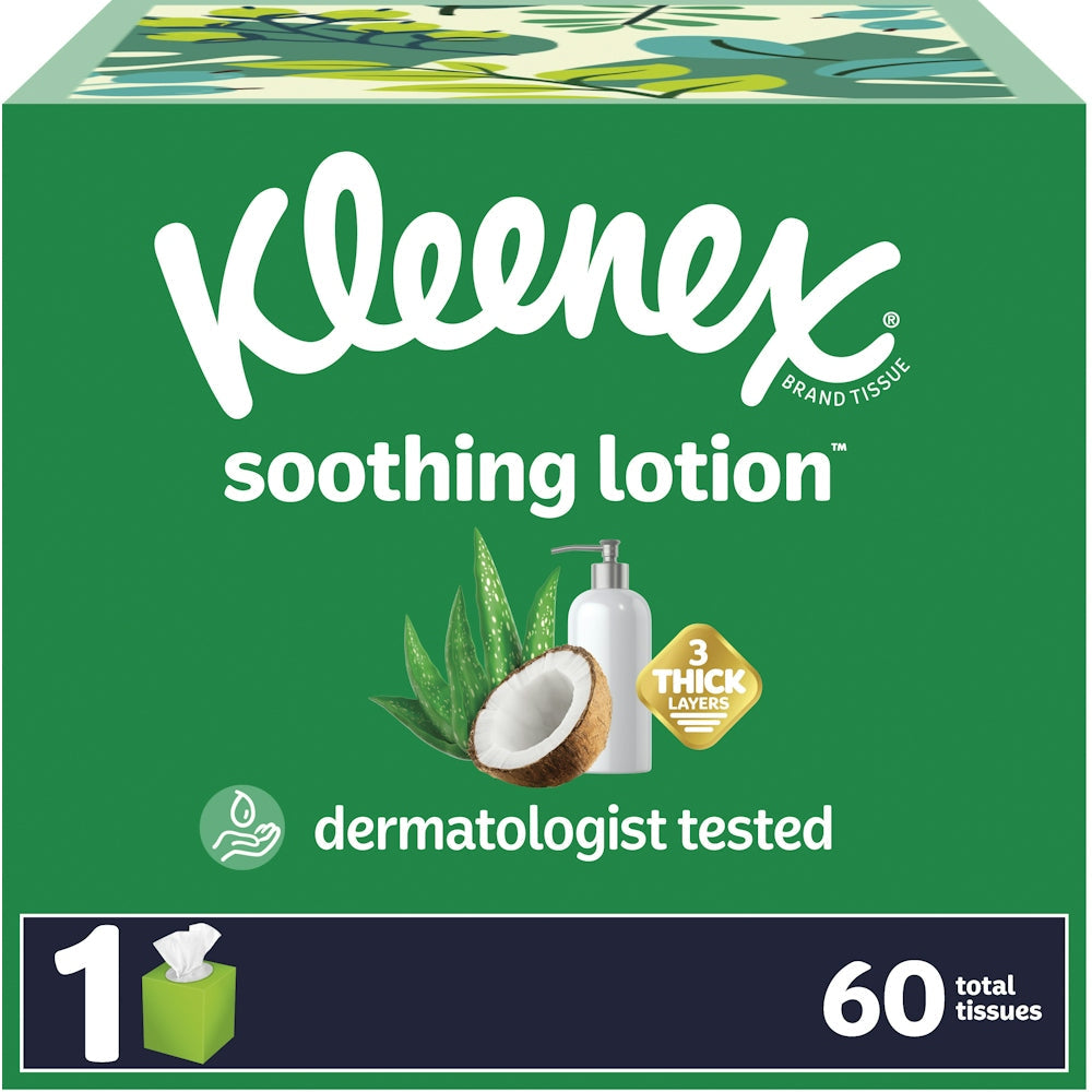 Kleenex soothing lotion facial tissues with coconut oil, aloe, and vitamin E in cube boxes, 3-ply, from Pasteur Pharmacy.