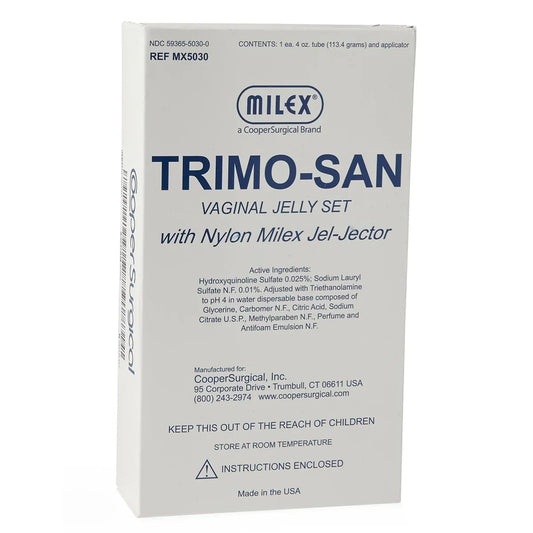 Milex Trimo-San Vaginal Jelly 4 oz, feminine deodorant tube from Pasteur Pharmacy, with white and purple packaging visible.