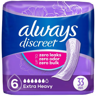 Always Discreet Extra Heavy Long Pads, Size 6, feminine pads and protectors, 2 packs of 33 for reliable absorbency
