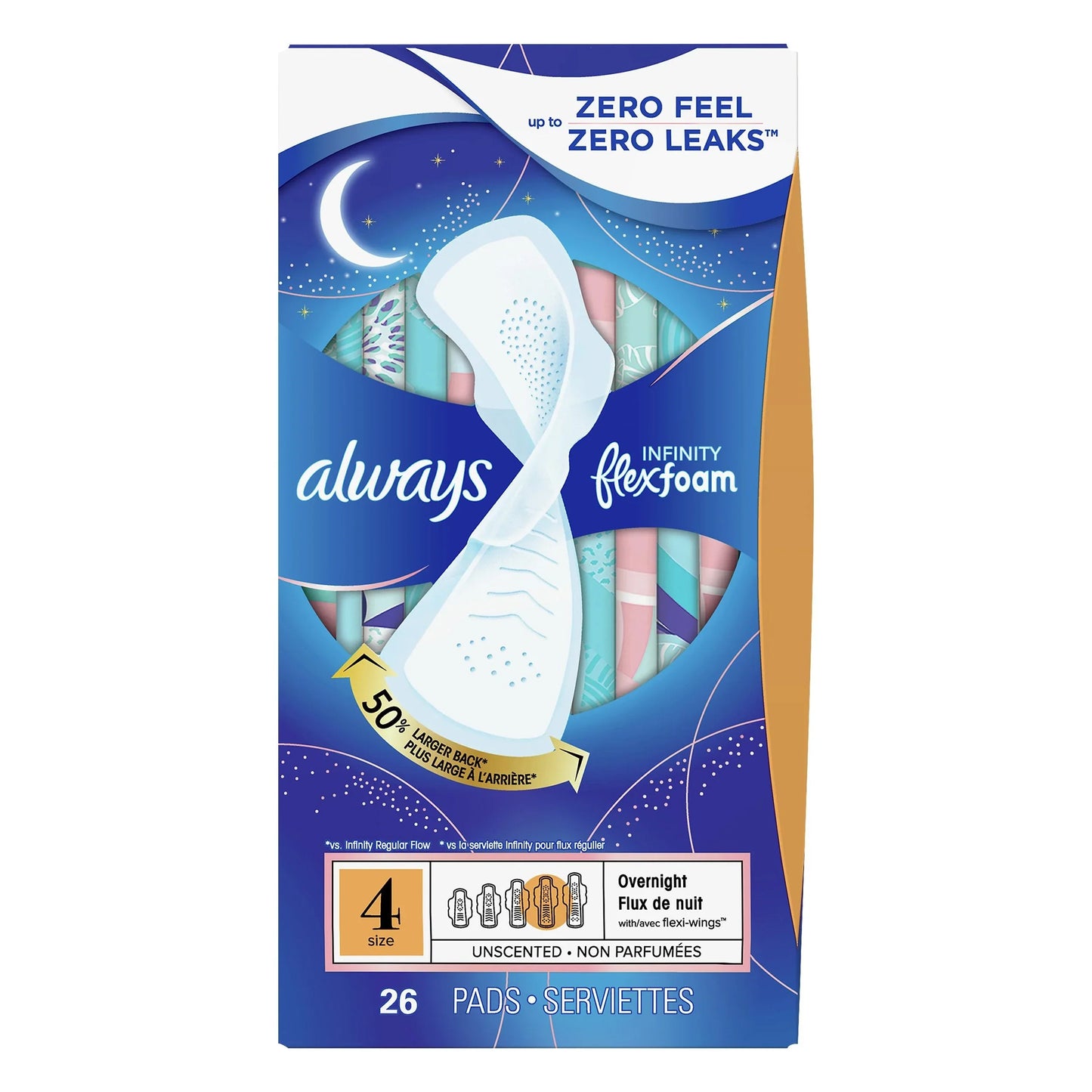 Always Infinity FlexFoam Size 4 overnight feminine pads with wings, 26-count, designed for maximum absorbency and comfort.