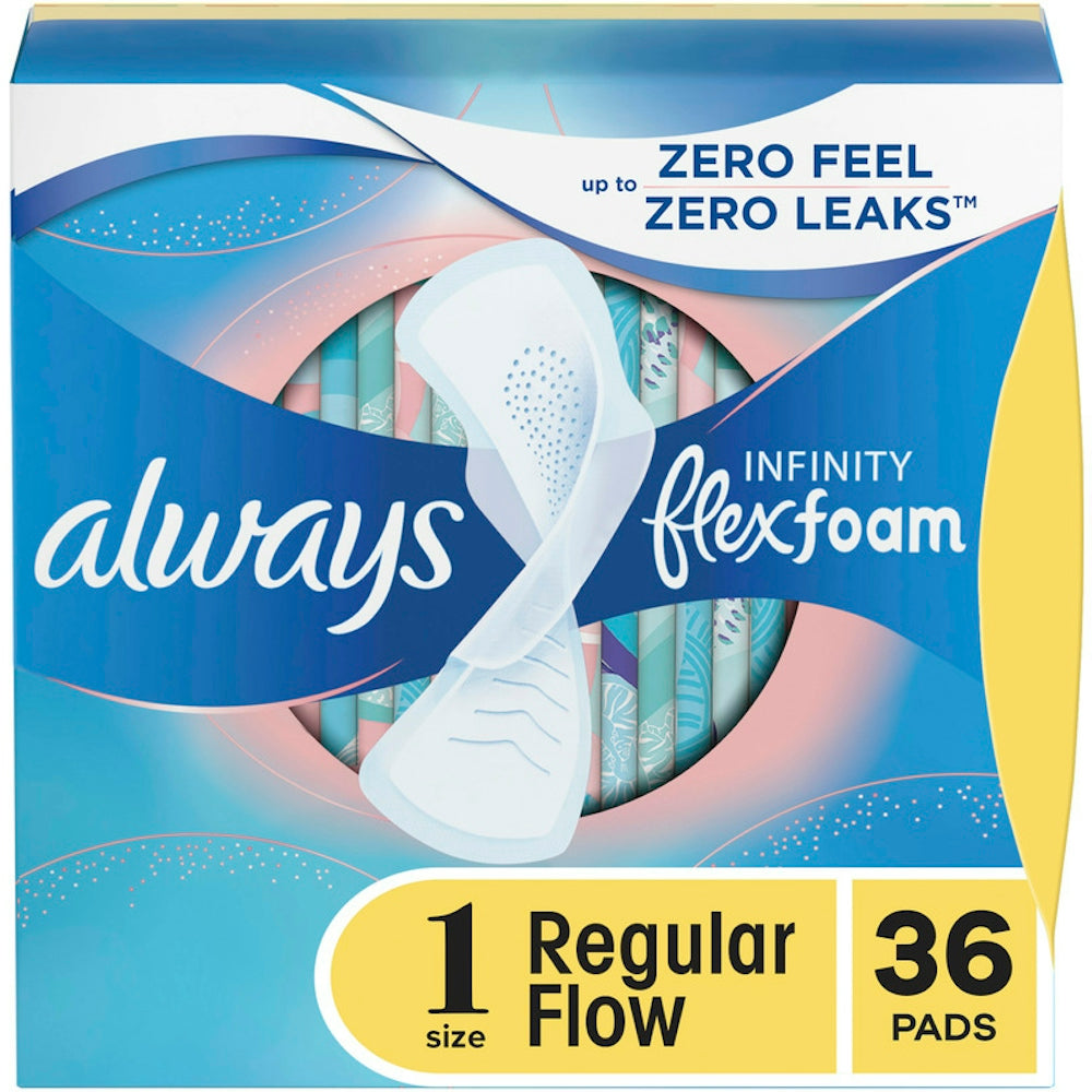 Always Infinity Size 1 Regular Feminine Pads with Wings and FlexFoam, 36-count pack, designed for comfort and protection.