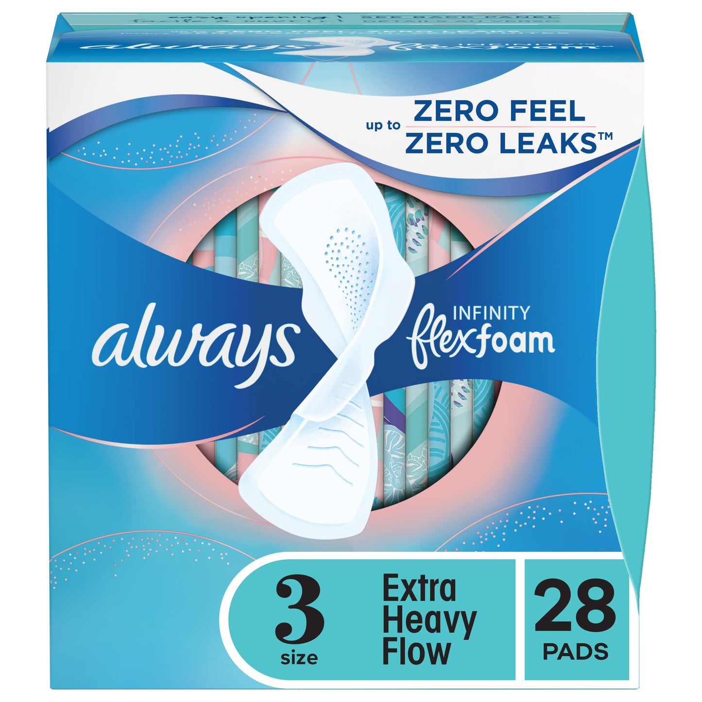Always Infinity Size 3 extra heavy flow feminine pads with wings, 28-count, designed for reliable protection and comfort.