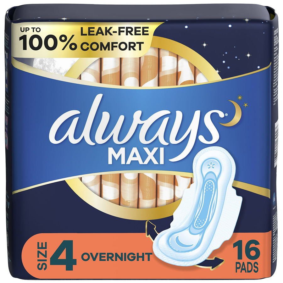 Always Maxi Overnight Pads with Wings, size 4, feminine pads from Pasteur Pharmacy, showing the packaging and wings detail.