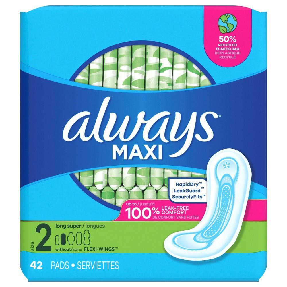 Always Maxi Pads with Wings, Size 2 Long, Unscented, 42-count feminine pads and protectors by Pasteur Pharmacy.