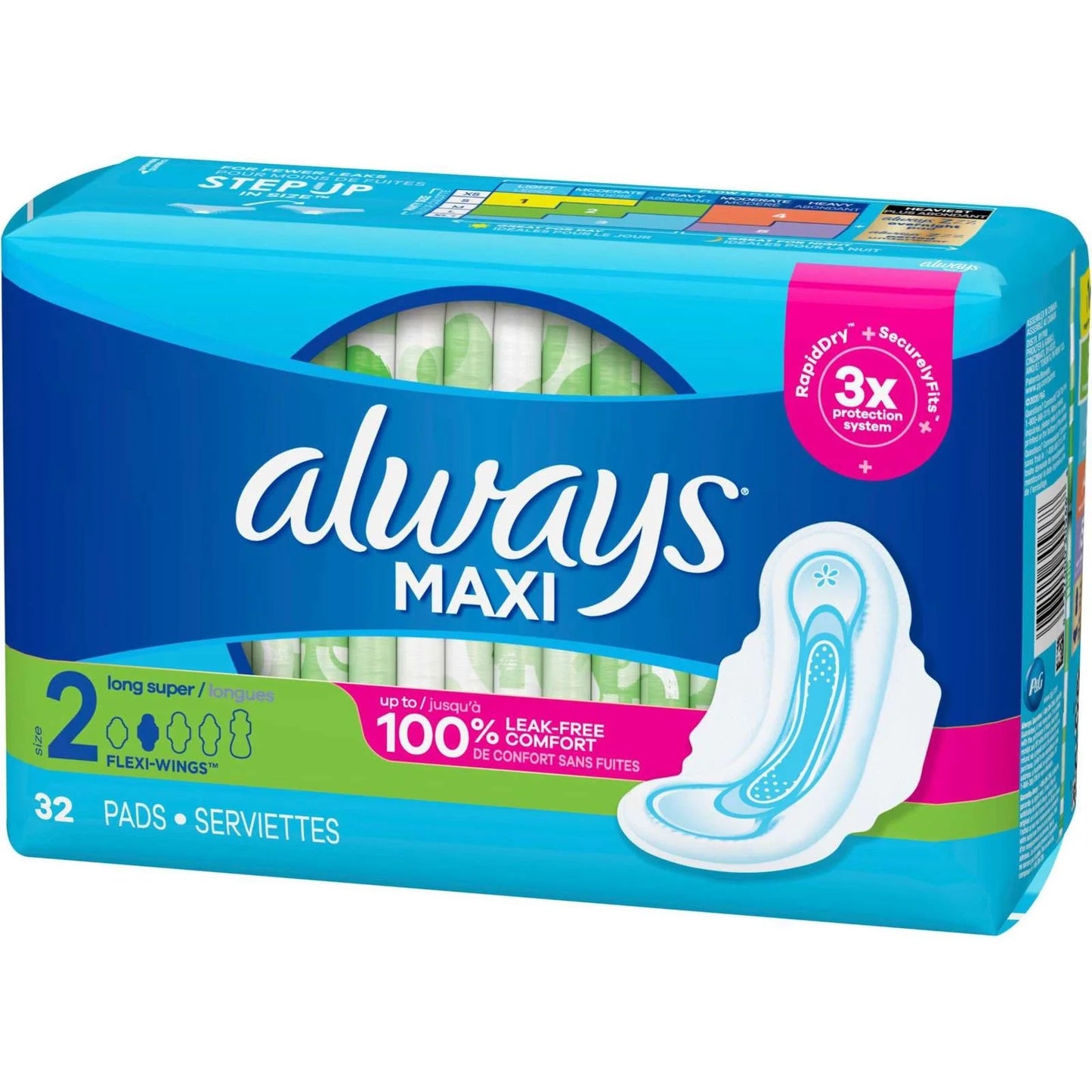 Always Maxi Pads with Wings Size 2, super long, unscented feminine pads and protectors, 32-count package.
