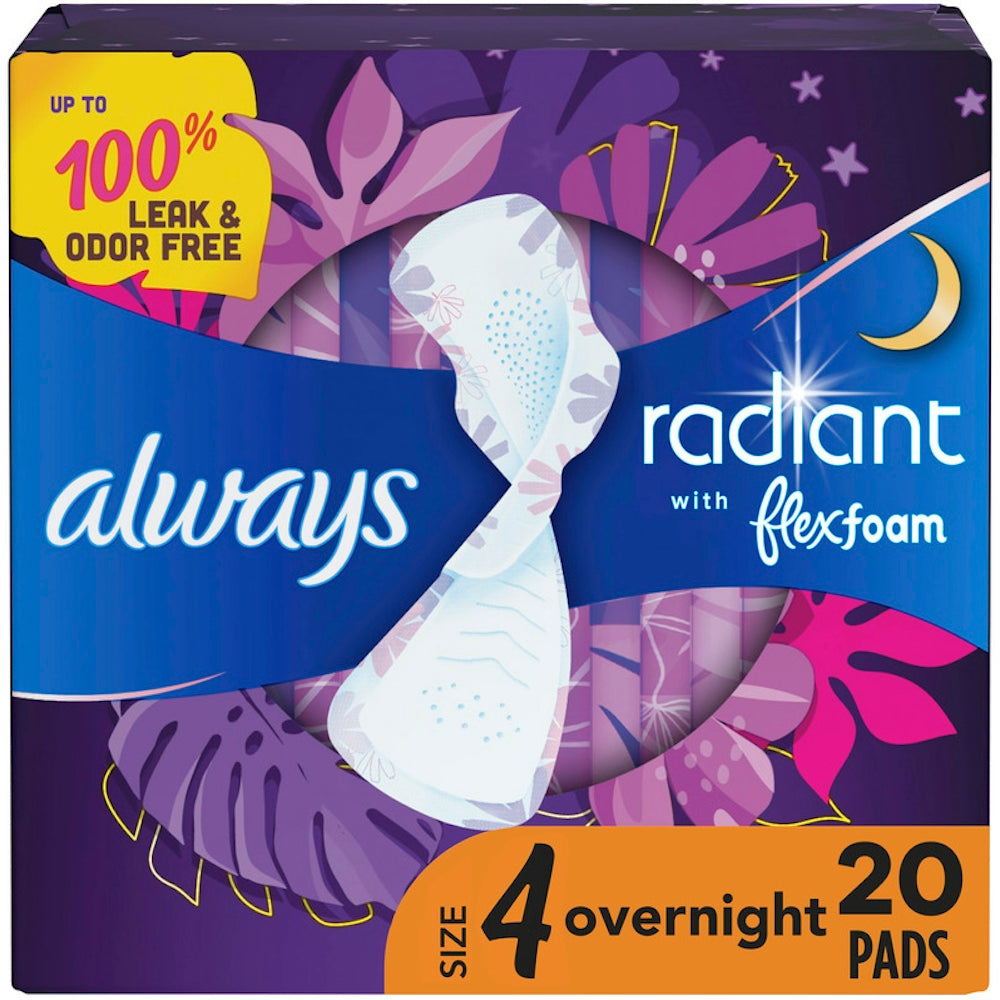Always Radiant Feminine Pads with Wings, Size 1 Regular, 20 count, flexible foam protection for feminine hygiene.