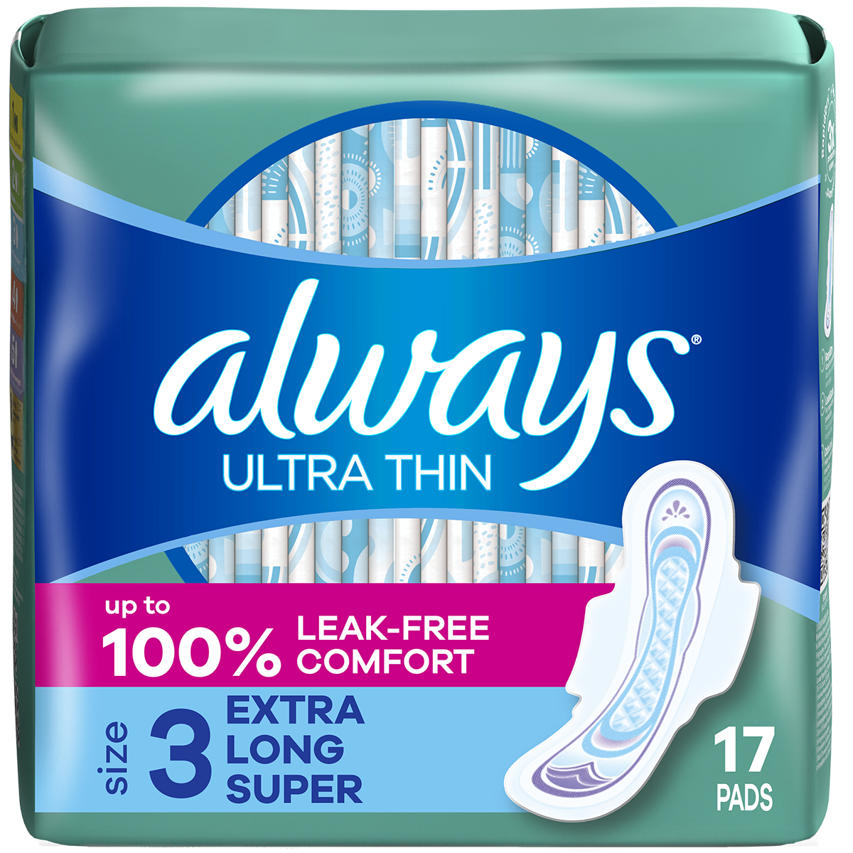 Always Ultra Thin Size 3 feminine pads with wings, extra long super absorbency, shown in 6 packs of 17 pads each.
