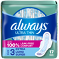 Always Ultra Thin Size 3 feminine pads with wings, extra long super absorbency, shown in 6 packs of 17 pads each.