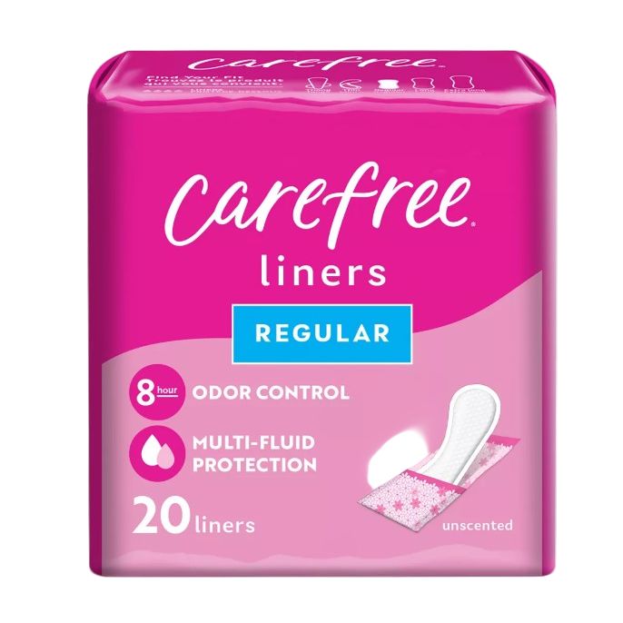 Carefree Acti-Fresh Body Shape Pantiliners Regular Unscented pack showing 20 feminine pantiliners for daily protection.