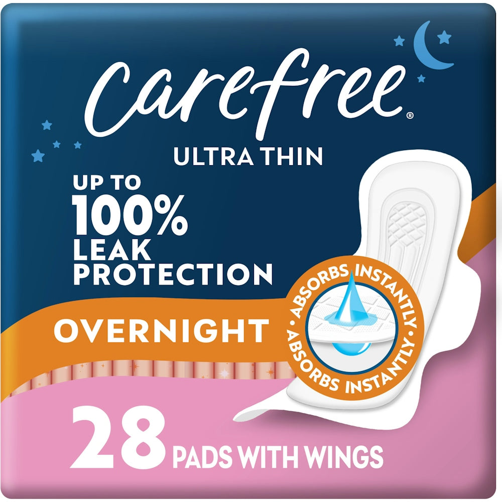 Carefree Ultra Thin Overnight Feminine Pads with Wings, 28-count, designed for secure overnight protection and comfort.