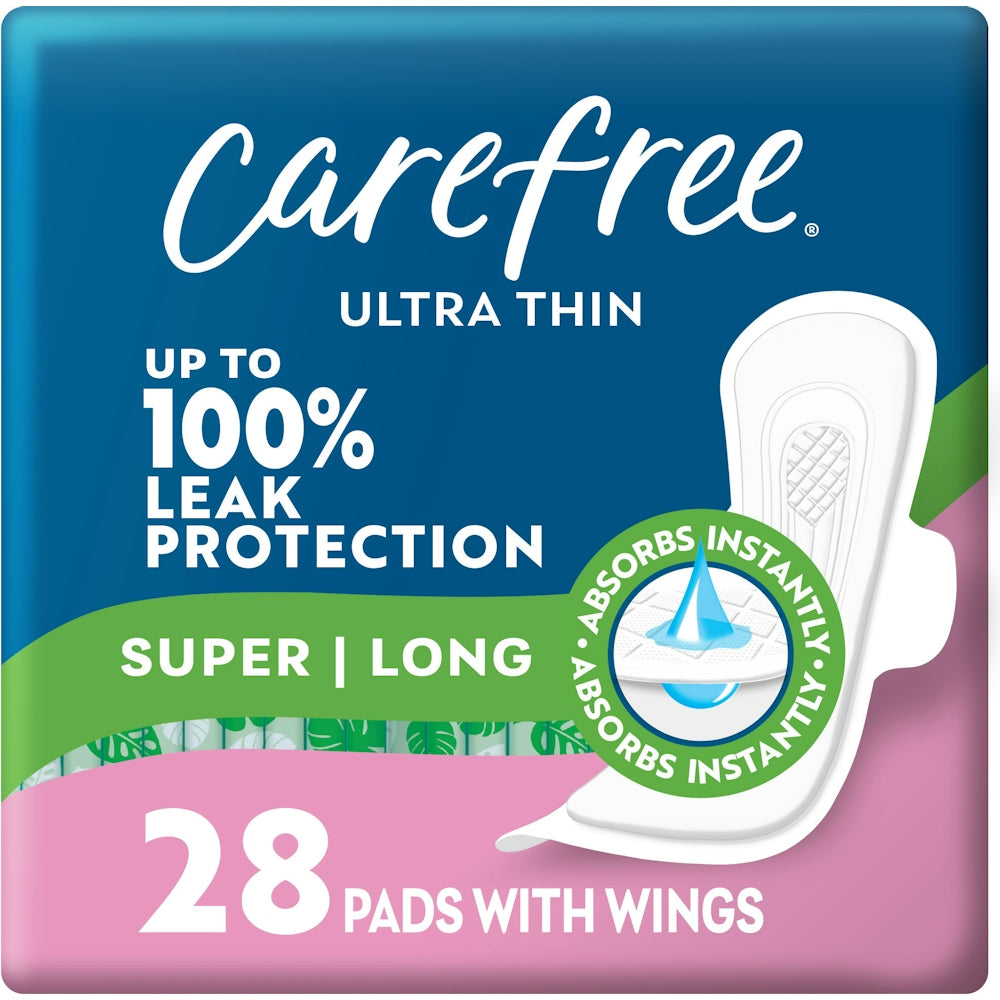 Carefree Ultra Thin Feminine Pads with wings, super long absorbency, 28-count package, designed for reliable protection and comfort