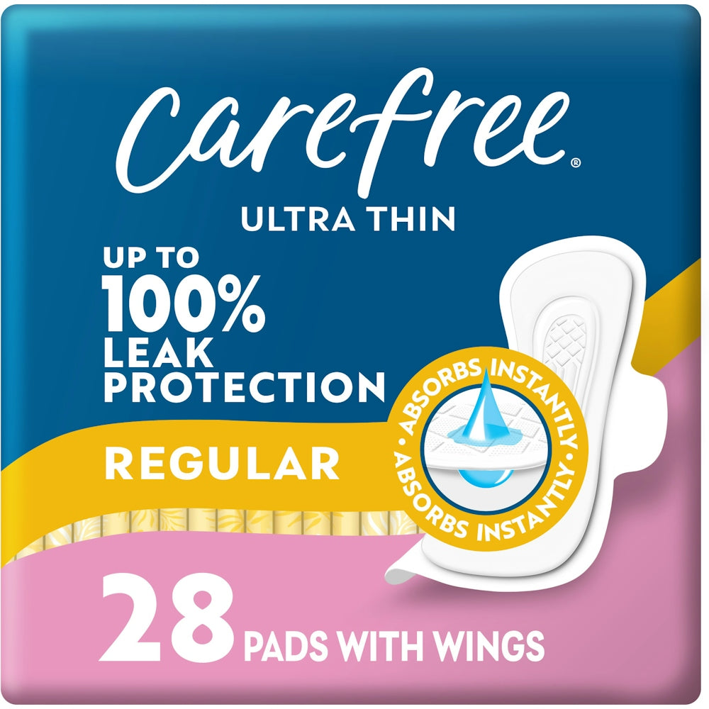 Carefree Ultra Thin Regular Feminine Pads with Wings by Pasteur Pharmacy, 28-count pack showing the product packaging.