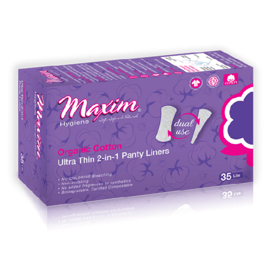 Maxim Organic Cotton 2-in-1 feminine liners from Pasteur Pharmacy, dual protection, 12 packs of 35, soft and absorbent for daily use.